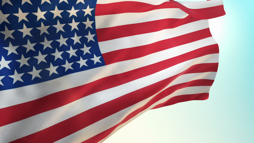 Animation slow waving of american flag on sunny sky. Closeup waving