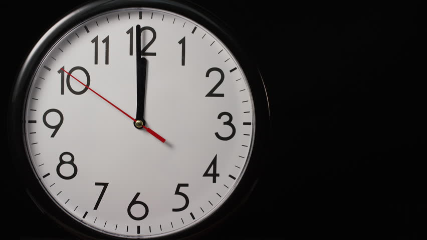Midday. Closeup White Clock Hanging On Wall Ticking. Full HD 1920x1080p
