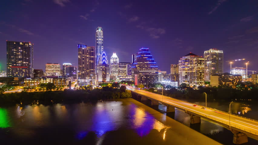 Austin, Texas Downtown Skyline At Night - Time Lapse Stock Footage