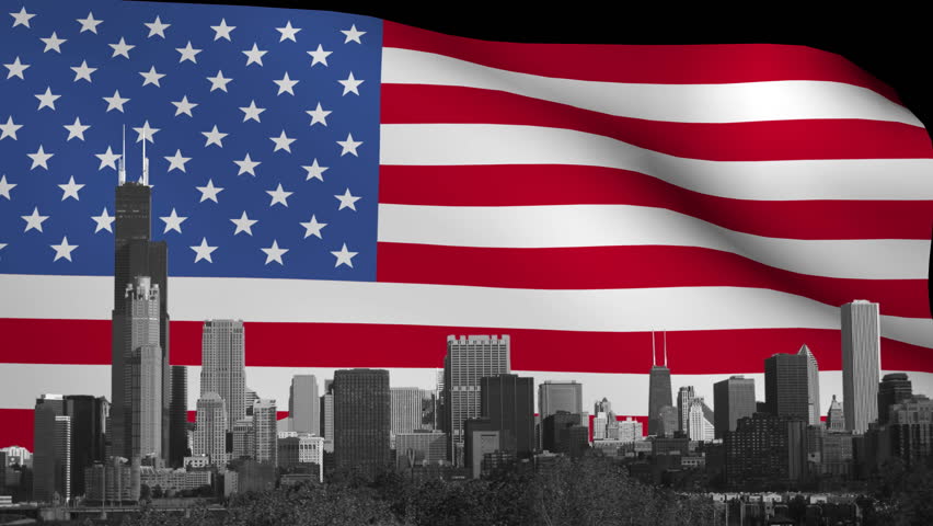Chicago Skyline With Rippling American Flag Animation Stock Footage
