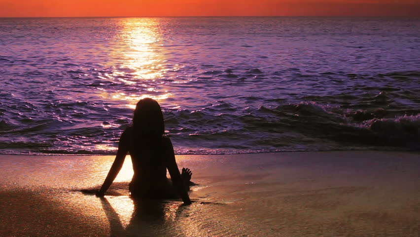 Mysterious Silhouette Sexy Girl At Beach During Sunset Stock Footage