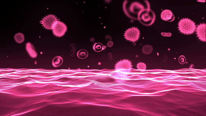 pink virus moving through system on black background stock antiviral drugs