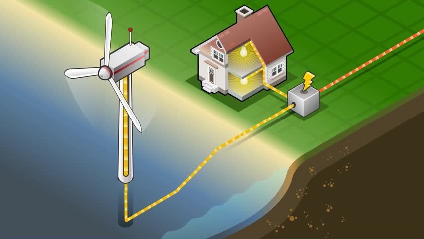 Detailed Animation Of A Isometric House With Offshore Wind Turbines In