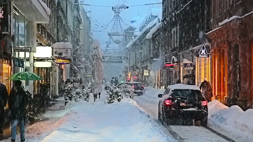ZAGREB, CROATIA - JANUARY 14: Snowstorm in city center Preradoviceva