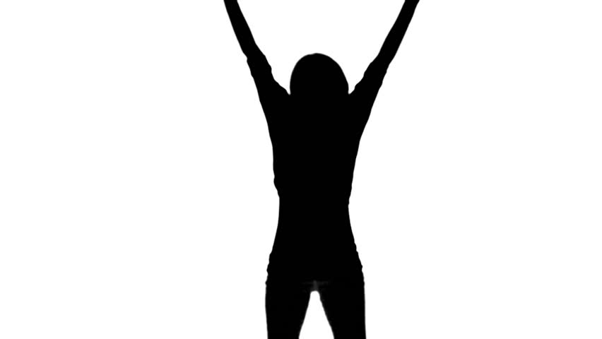 Silhouette Of A Woman Jumping And Raising Her Arms On White Background In Slow Motion Stock 9174