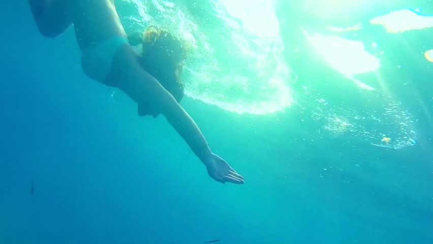 An under water view of a two young women swimming under a 