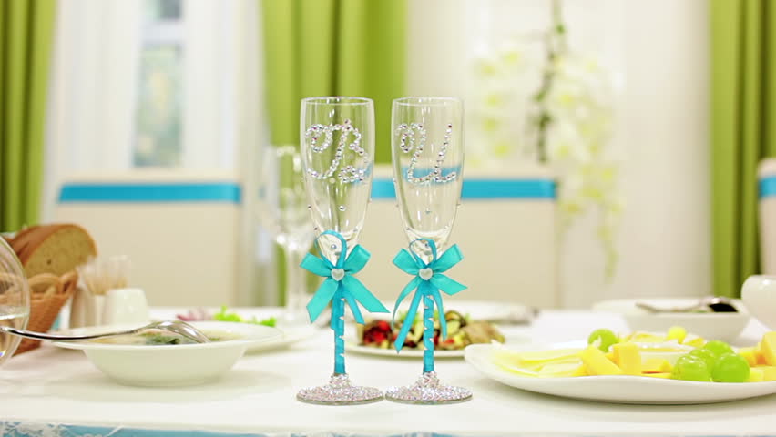 Decorated Wedding Champagne Glasses Stock Footage Video 8620366