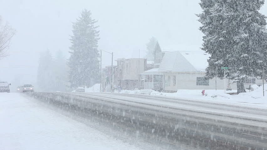 Storm Snow Blizzard Small Rural Town With Cars Drive Through Heavy Snow ...