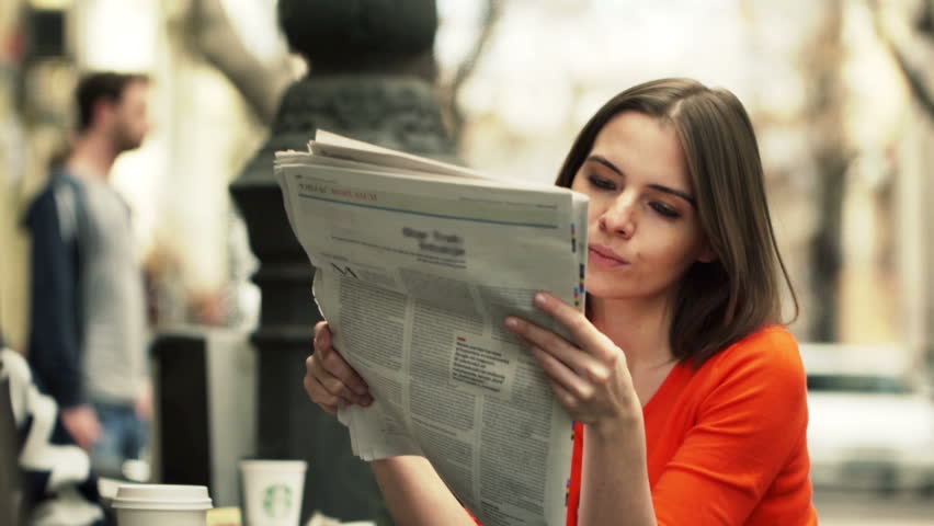 Focused Attractive Woman Reading Newspaper In Cafe Stock Footage Video ...