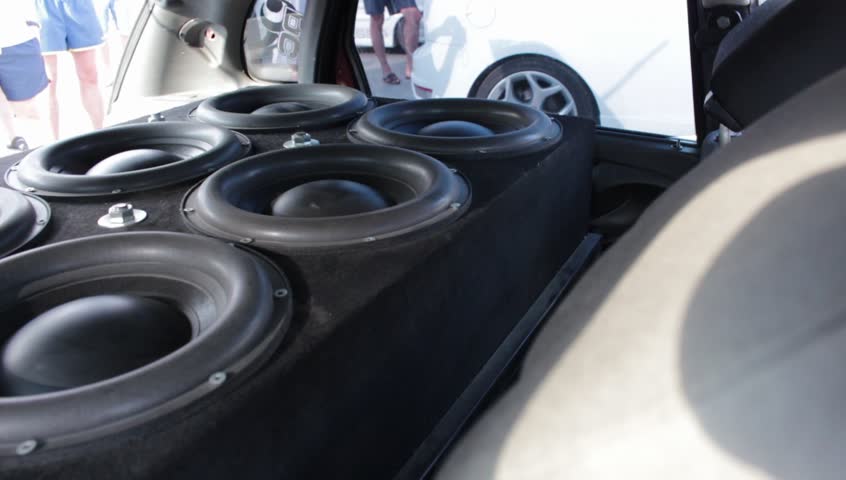 Multiple Subwoofers In A Car Close Up. Extremely LOUD Car Audio. Sound ...