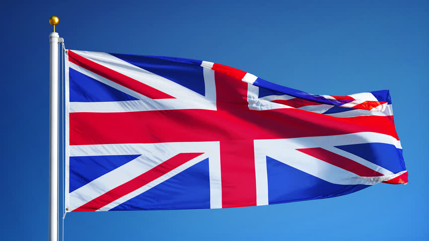 British Flag Waving In Wind Against Clear Blue Sky Stock Footage Video ...