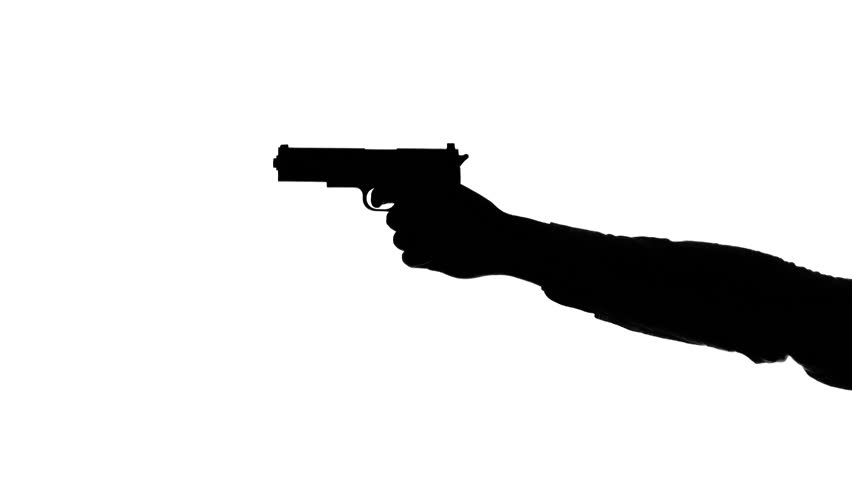 Silhouette Of A Mans Arm With A Gun, Aiming Down The Sights And ...