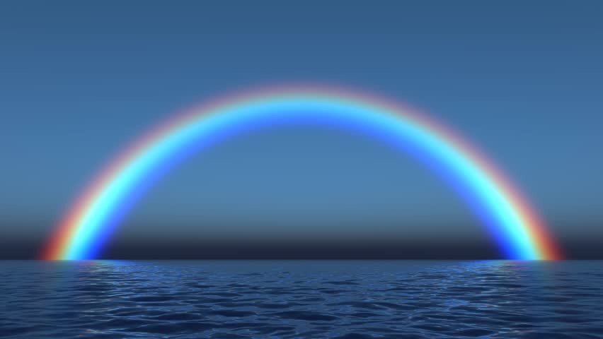 Clear Dawn Ocean Scene With Beautiful Rainbow And Moving Ocean Surface ...