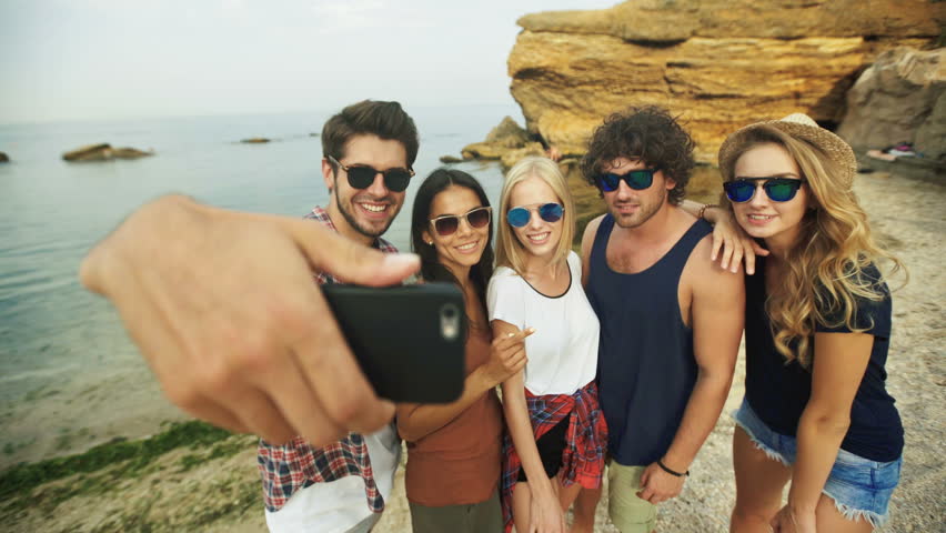 Two Beautiful Friends Taking Selfies On The Beach On Summer Vacation ...