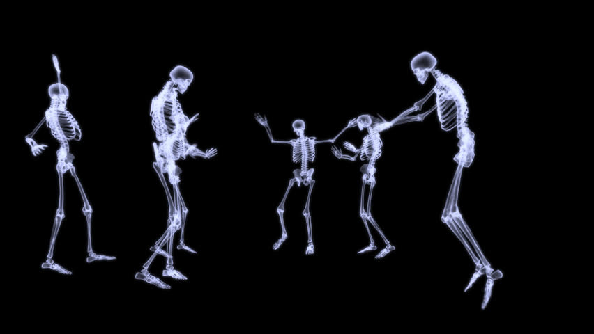 X-ray Of A Group Of Human Skeleton Dancing On Black Background. 3d ...