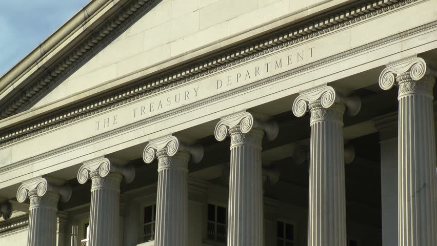 Close On The Treasury Department Name Engraved Above Building South ...