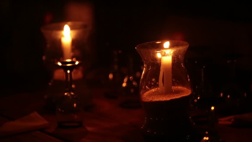 Candles On Outdoor Restaurant Table Tropical Mexico. Dark Night Outdoor ...