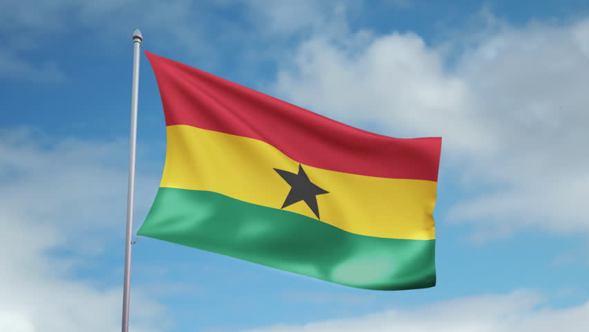 Ghana National Flag Waving On Flagpole On Blue Sky Background Stock ...