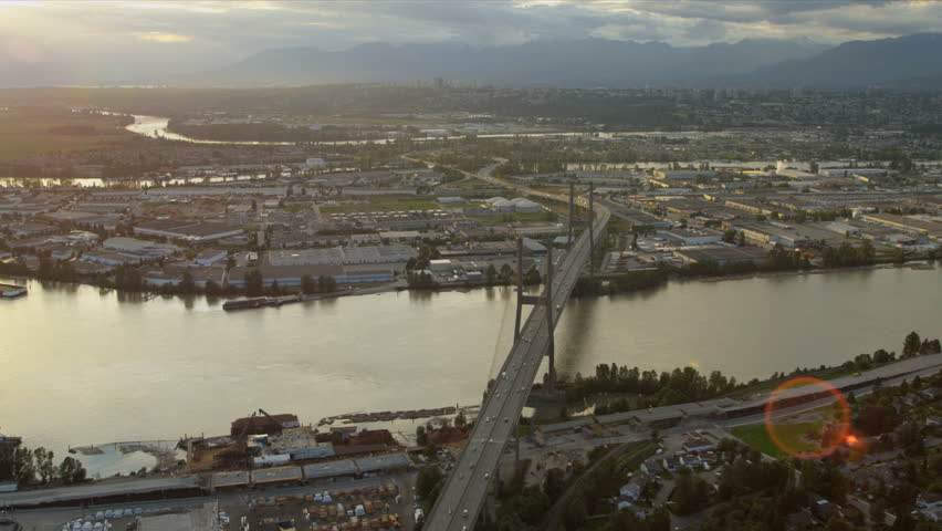 Aerial Sunset Sun Flare View Alex Fraser Bridge On Annacis Island A ...