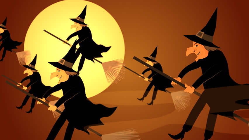 01611 Halloween Witches Flying On A Broomsticks Against A Full Moon At ...