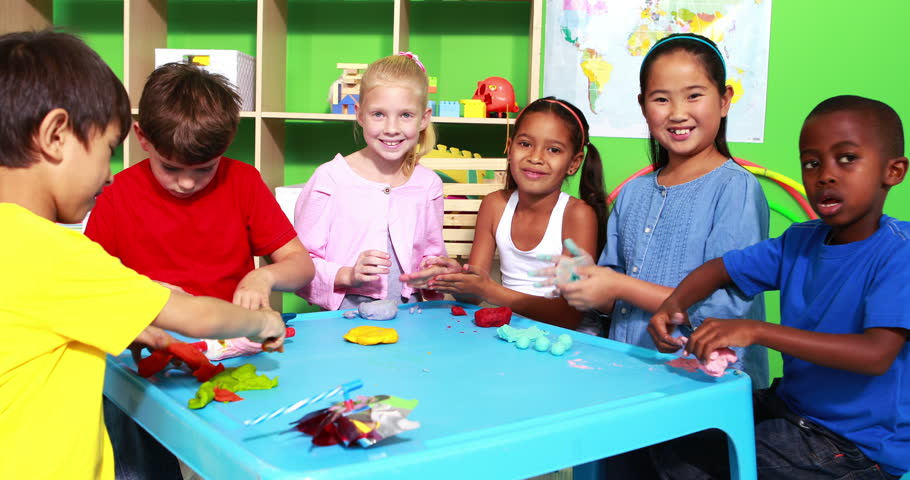 Cute Classmates Playing With Building Blocks In Playschool Stock ...