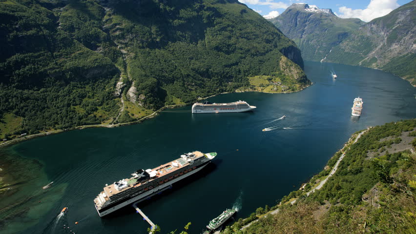 4K View Of Geiranger Cruise Ships Wild Steep Mountains Waterfalls And ...