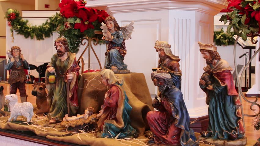 Closeup Of Nativity Scene Inside Church Decorated For Christmas Stock ...