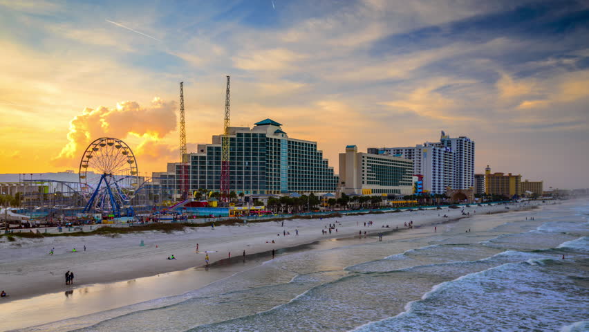 Daytona Beach, Florida Beachfront Skyline At Night. Stock Footage Video ...